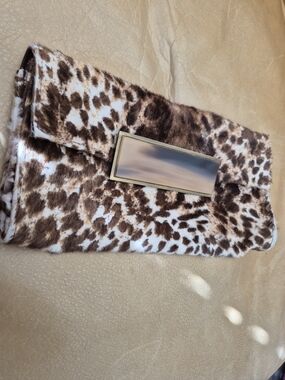 R&Y Augousti Leopard-Pattern with Fur Clutch with Gold Hardware
